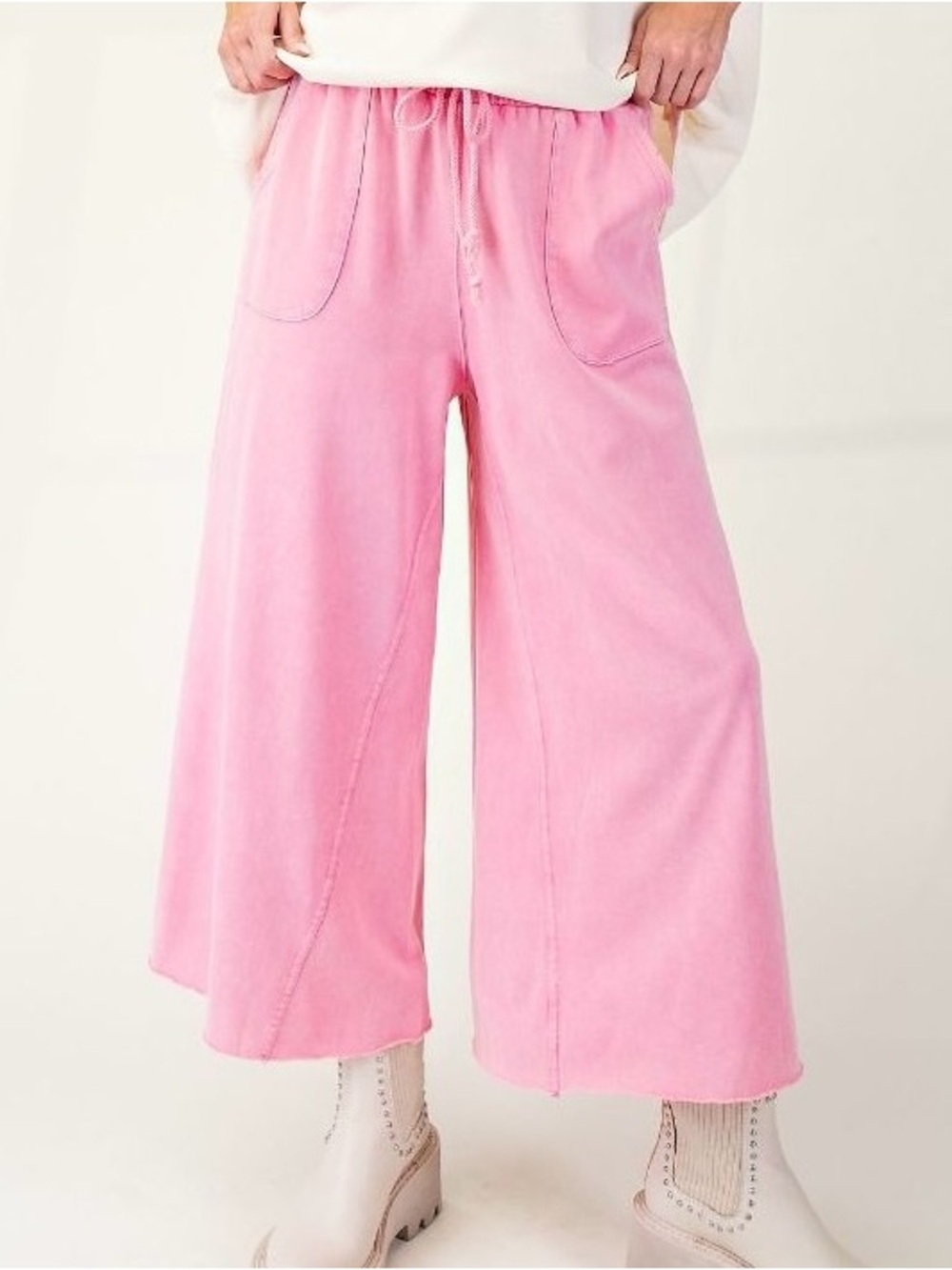 Easel Mineral Washed Terry Knit Wide Leg Pant-Barbie Pink-Size 2X